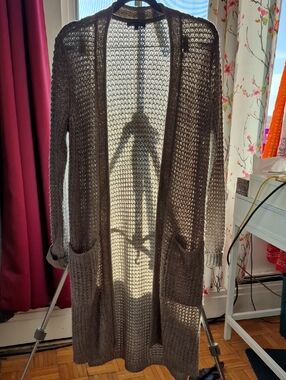 XL GEORGE Brown & Sand Open-Front Long Knit Cardigan Big Pockets